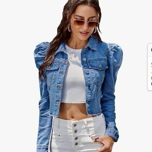 Women's Puff Long Sleeve Raw Hem Button Down Crop Denim JacketDenim jacket